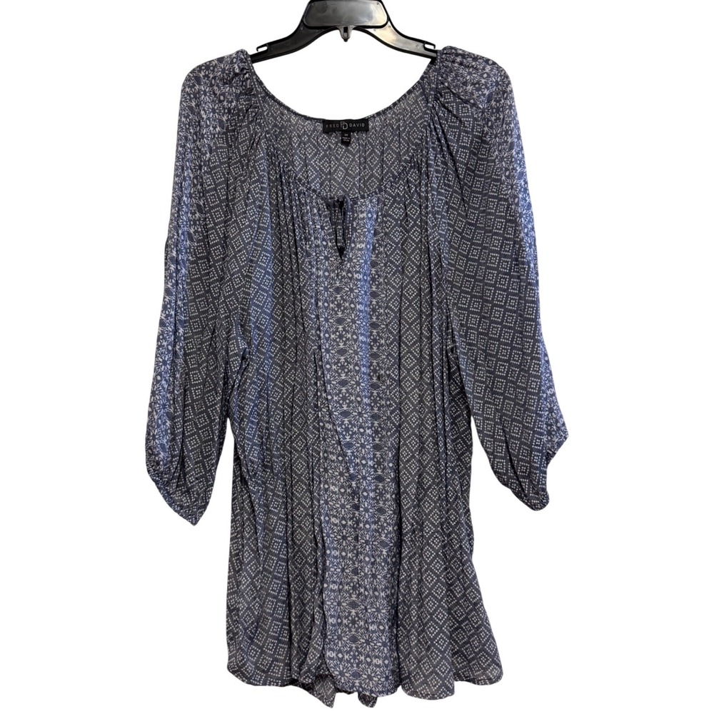 Fred David Blue White Geometric Print Peasant Blouse 3X W2U207RW‎ Boho Tie Neck